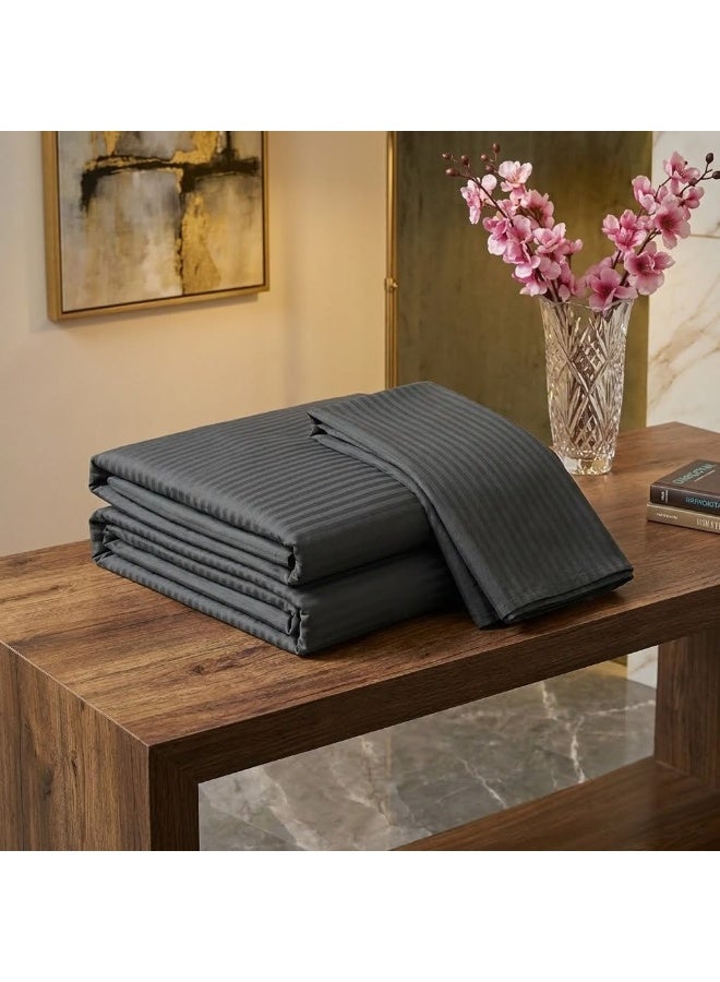 Elegant Hotel-Style Flat Bed Sheet - 90 GSM Soft Fabric with 300 TC Feel & 1cm Satin Stripes in Modern Dark Grey, 280x270 CM Set - Image 2