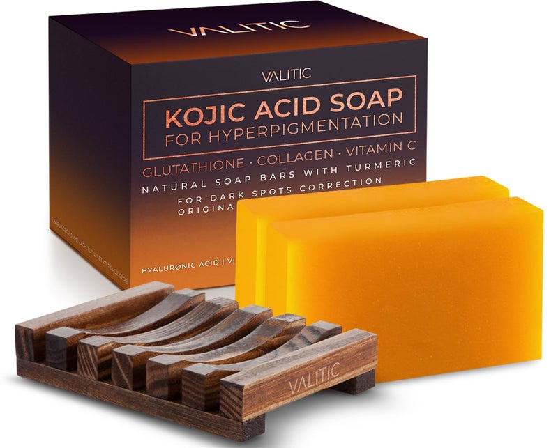 VALITIC Kojic Acid Soap for Hyperpigmentation  with Glutathione Collagen  Vitamin C  Natural Soap Bars with Turmeric  Original Japanese Complex for Dark Spot Correction  2 Pack  Holder