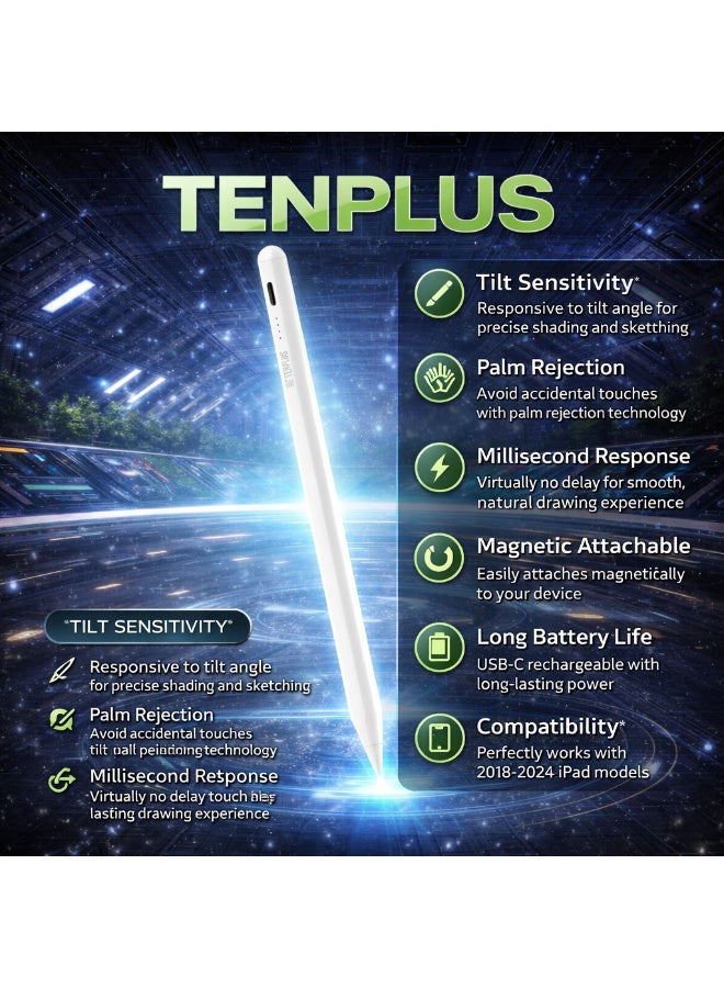TENPLUS T3501 iPad Stylus Pen with Palm Rejection, Magnetic Attachment, Fast Charging, LED Indicator, High Precision Digital Pencil for iPad Drawing & Note Taking – White - Image 5
