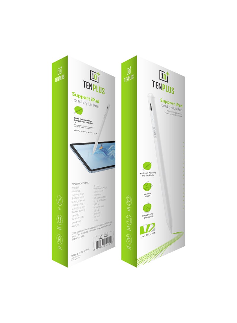 TENPLUS T3501 iPad Stylus Pen with Palm Rejection, Magnetic Attachment, Fast Charging, LED Indicator, High Precision Digital Pencil for iPad Drawing & Note Taking – White - Image 3