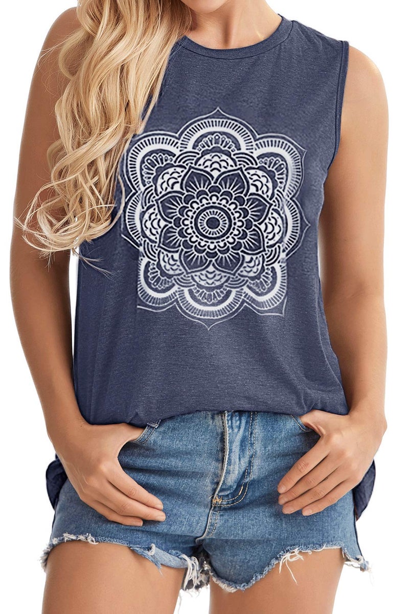 rosemia Graphic Tank Tops for Women Summer Sleeveless Tshirts Casual Loose Tunic Blouses(Flower Blue, L) - Image 1