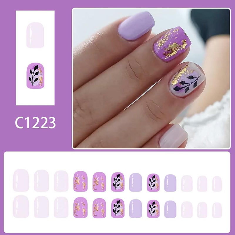 أظافر كاذبة لامعة تصميم أرجواني ذهبي إكسسوارات حفلات شتوية قصيرة 24 قطعة - Image 5