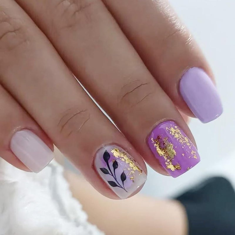 أظافر كاذبة لامعة تصميم أرجواني ذهبي إكسسوارات حفلات شتوية قصيرة 24 قطعة - Image 1