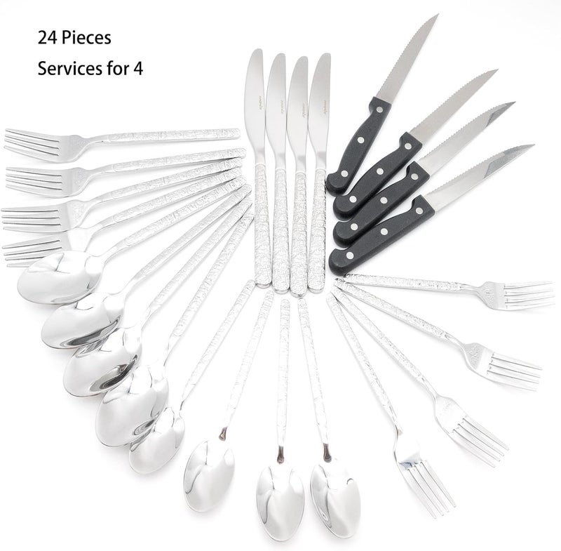 AYKDWW 24 Piece Premium Stainless Steel heavy Flatware Set Silverware Set for 24FoodGrade Tableware Cutlery SetService for 4 Tableware Including Steak KnifeDishwasher Safe - Image 2