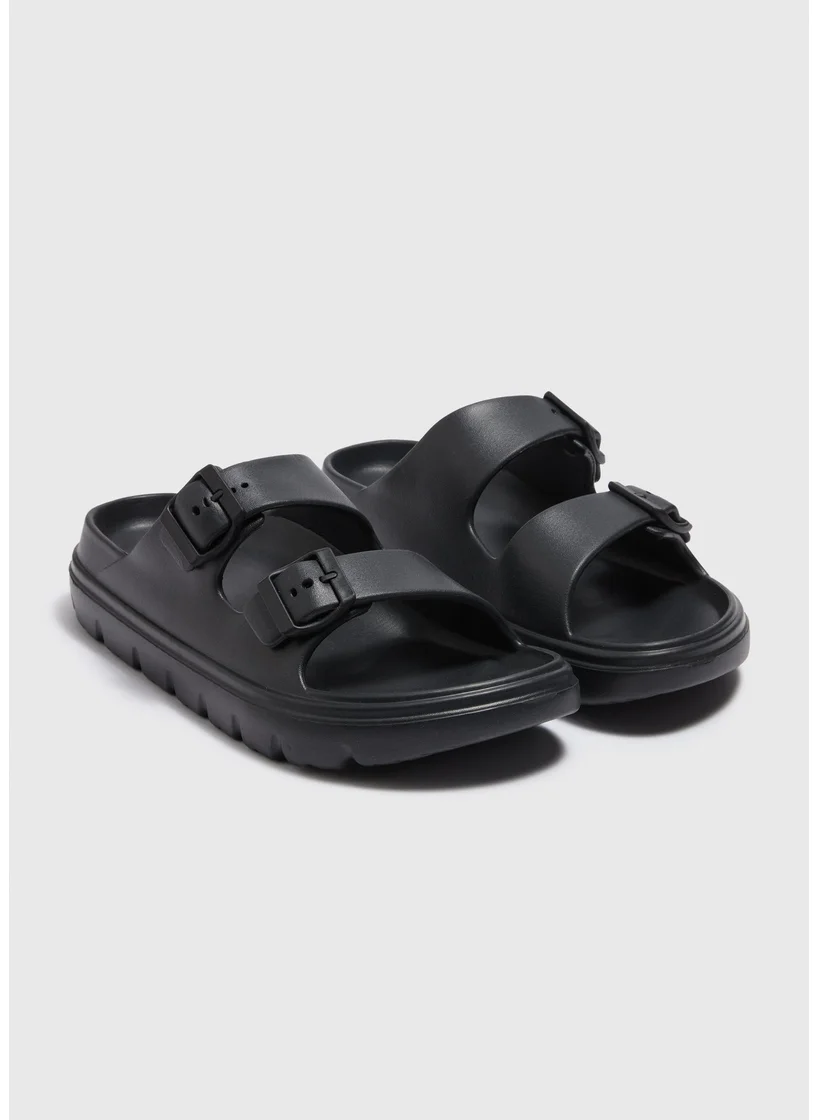 Matalan Black Chunky Double Buckle Sliders