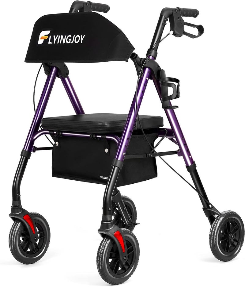 FlyingJoy Rollator Walker with Seat and Brakes 300 lbs Adults Bariatric Walker for Seniors with Extra Wide Backrest Lightweight Folding Adjustable Height All Terrain Rolling Walker 8 Inch 4 Wheels - Image 3