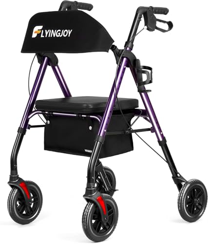 FlyingJoy Rollator Walker with Seat and Brakes 300 lbs Adults Bariatric Walker for Seniors with Extra Wide Backrest Lightweight Folding Adjustable Height All Terrain Rolling Walker 8 Inch 4 Wheels - Image 2