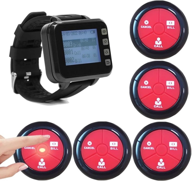 Wireless Waiter Calling System - Restaurant Pager System with Waterproof Wristband Watch Receiver & 5 Call Buttons for Café, Hubbly, Bar, Hotel - Image 1