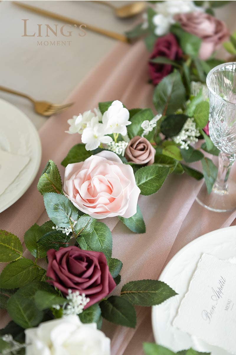 Ling's moment Ling's Moment Artificial Rose Flower Runner Rustic Flower Garland Floral Arrangements Wedding Ceremony Backdrop Arch Flowers Table Centerpieces Decorations (5FT Long  Dusty Rose Cream)  - Image 4