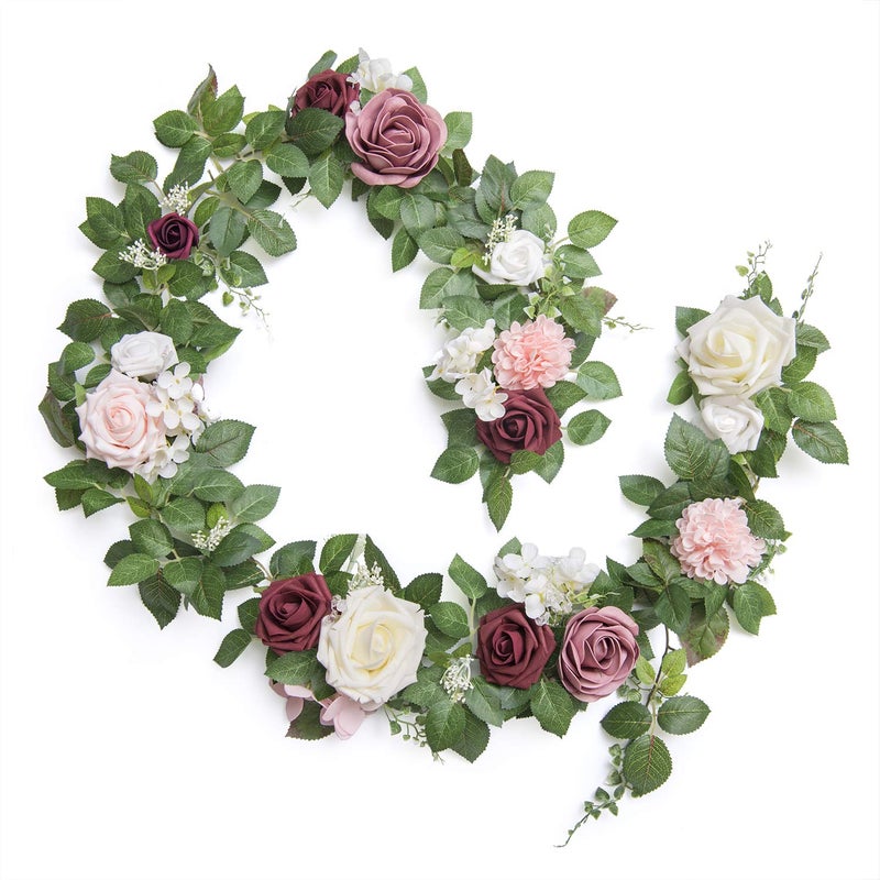 Ling's moment Ling's Moment Artificial Rose Flower Runner Rustic Flower Garland Floral Arrangements Wedding Ceremony Backdrop Arch Flowers Table Centerpieces Decorations (5FT Long  Dusty Rose Cream)  - Image 1