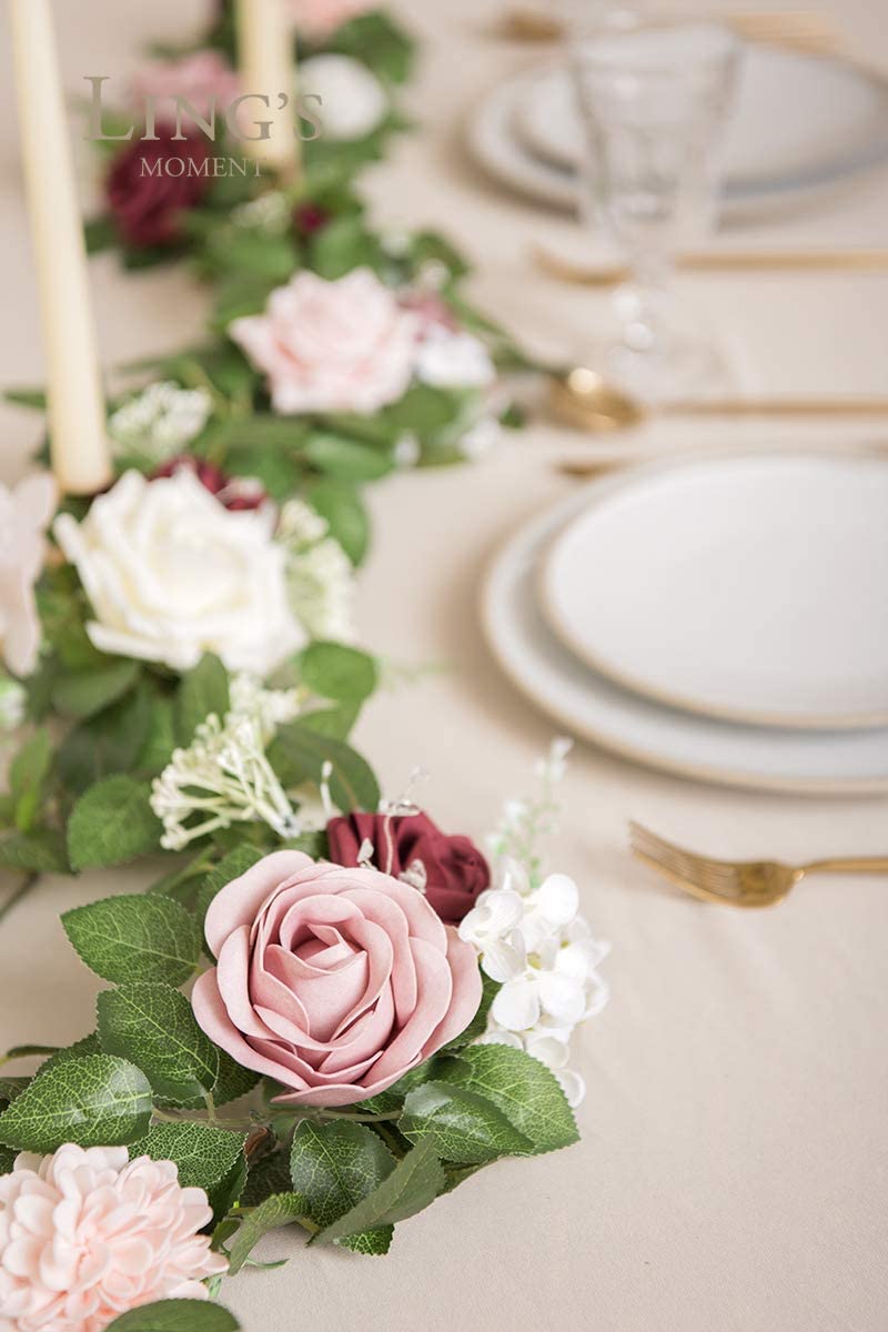 Ling's moment Ling's Moment Artificial Rose Flower Runner Rustic Flower Garland Floral Arrangements Wedding Ceremony Backdrop Arch Flowers Table Centerpieces Decorations (5FT Long  Dusty Rose Cream)  - Image 5