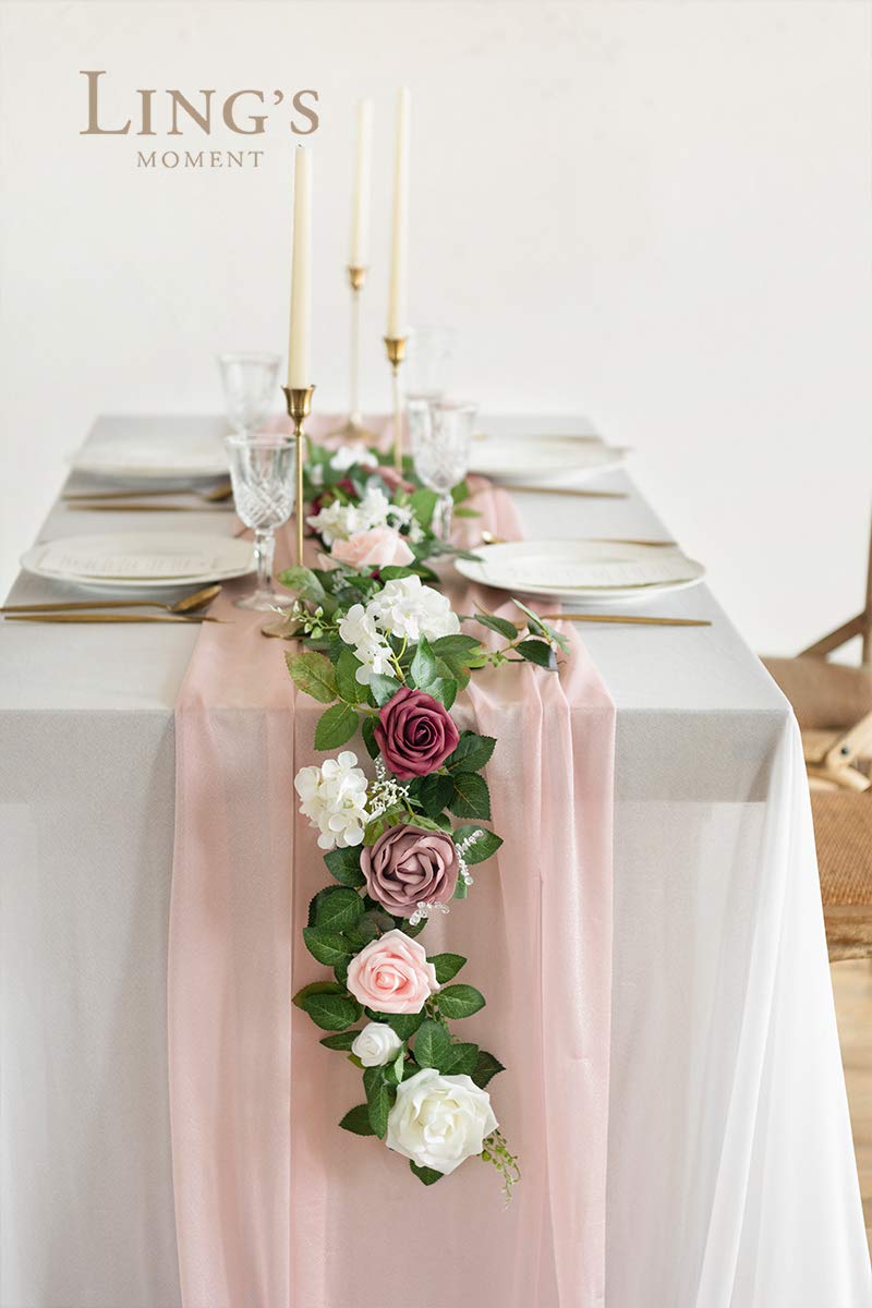 Ling's moment Ling's Moment Artificial Rose Flower Runner Rustic Flower Garland Floral Arrangements Wedding Ceremony Backdrop Arch Flowers Table Centerpieces Decorations (5FT Long  Dusty Rose Cream)  - Image 2