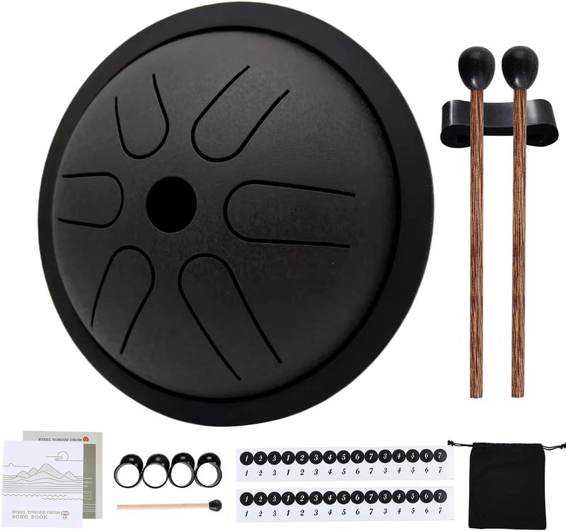 Yahpetes Steel Tongue Drum Musical Percussion Instrument Metal Rain Drum for Outside 5.5 Inch 6 Notes C-Key for Meditation Yoga Education Percussion with Bag, Music Book, Mallets (Black) - Image 1