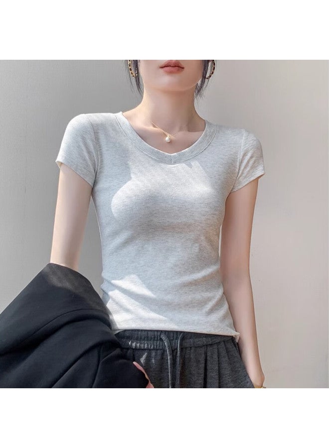 Nome Women's V-neck Short Sleeve T-shirt Slim Fit Inner Wear Top Linen Gray XL - Image 5