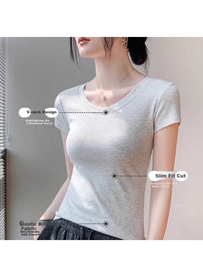Nome Women's V-neck Short Sleeve T-shirt Slim Fit Inner Wear Top Linen Gray XL - Image 2