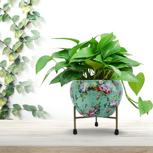 CINAGRO Floral-Printed Flower Pot/Container with Iron Stand for Home & Garden Decor, Suitable for Indoor & Outdoor Plants (Blossom Breeze, Golden Stand) - Image 1
