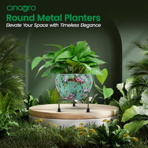 CINAGRO Floral-Printed Flower Pot/Container with Iron Stand for Home & Garden Decor, Suitable for Indoor & Outdoor Plants (Blossom Breeze, Golden Stand) - Image 2