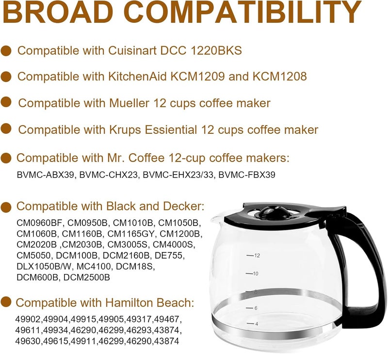 إبريق زجاجي بسعة 12 كوب ��ابل للاستبدال لأجهزة تحضير القهوة من ماركات Mr Coffee، Black & Decker، Hamilton Beach، KitchenAid، وغيرها؛ سعة الإبريق 1.8 لتر، مزود بمقبض و3 أغطية قابلة للتثبيت بسهولة بأحجام مختلفة. - Image 4