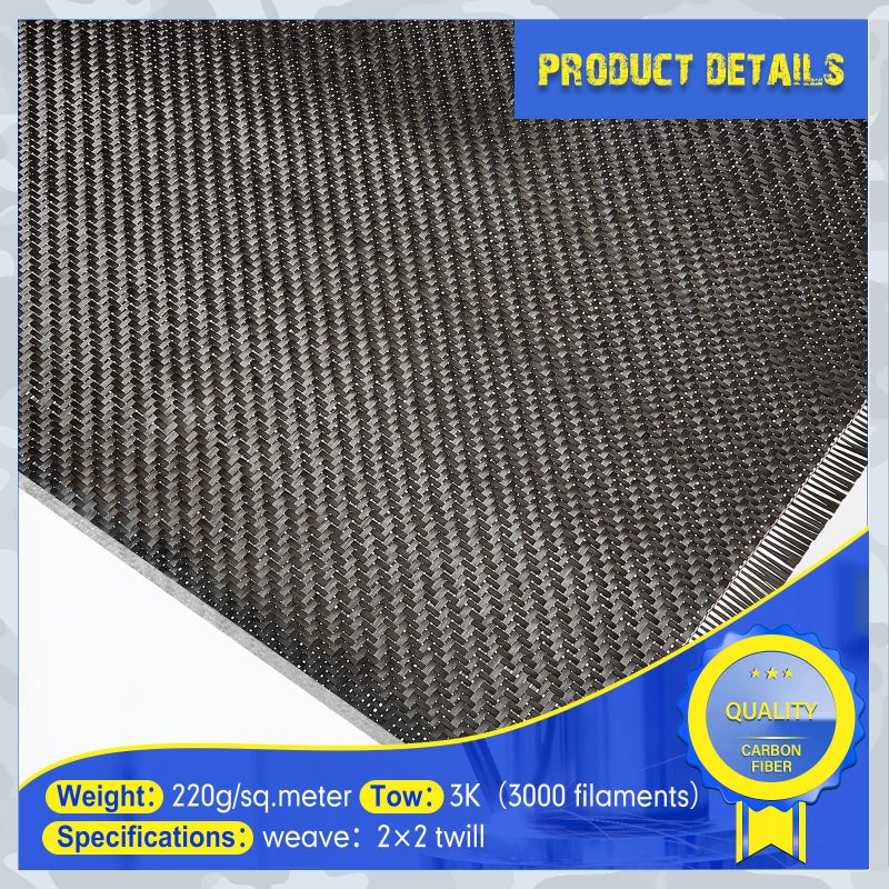 Tudomro تودومرو 10 قدم × 12" قماش ألياف الكربون الأسود ورقة ألياف الكربون قماش نقي 2 × 2 نسج تويل-3k/220g لتعزيز الهياكل في جدار خرساني قبو إصلاح قارب (1 لفة) - Image 3