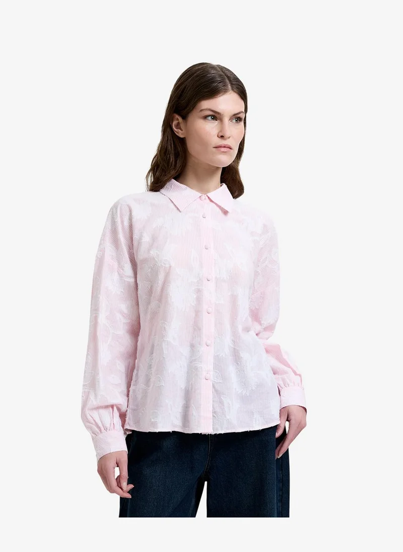 فرنش كونكشن Women's Naya Floral Jacquard Striped Pink Long Sleeve Shirt