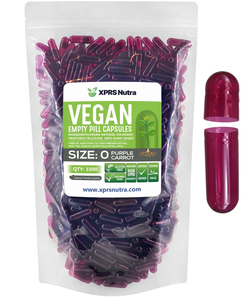 XPRS Nutra Size 0 Empty Capsules 1000 Count Empty Vegan Capsules Vegetarian Pills DIY Vegetable Capsule Filling Veggie Pill Caps for DoItYourself Supplements Purple Carrot