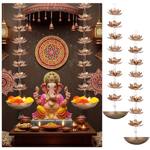 LemonRoad 2 Set Diwali Hanging Urli Bowl Metal Lotus Floating Diya Pot for Flowers Decor Wall Hanging Uruli Candle Holder for Mandir Diwali Gift Indian Traditional Festival Decoration - Image 1