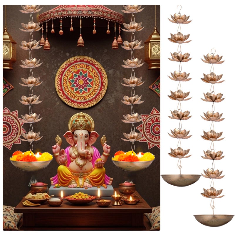 LemonRoad 2 Set Diwali Hanging Urli Bowl Metal Lotus Floating Diya Pot for Flowers Decor Wall Hanging Uruli Candle Holder for Mandir Diwali Gift Indian Traditional Festival Decoration - Image 2