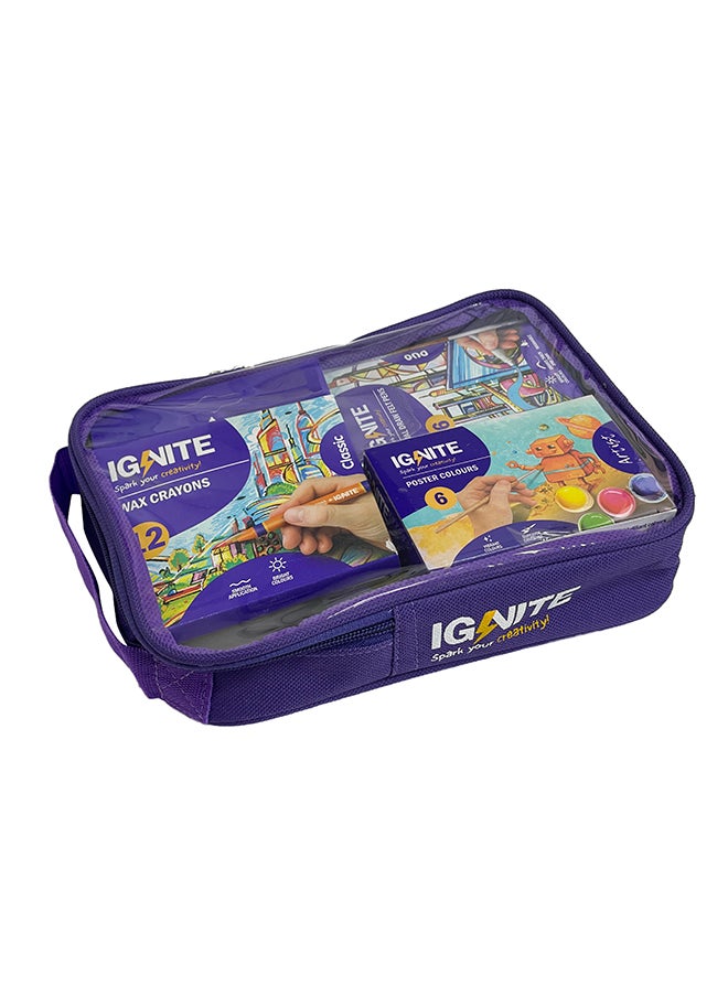 ignite - Young Learners Colouring Kit Water Colour 12 Colours, Color Pencils 12 colors, Duo two Tip Felt Pen 6 color, Sharpener, Crayons 12 colour, Poster Colour 6 Colours | Ages 3+ - Image 1