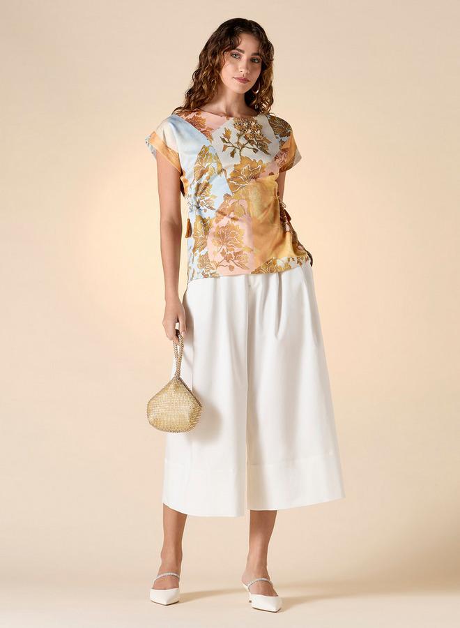 ايكونيك بلوزة مطبوعة بزخارف زهور لامعة وأكمام طويلة ورباط جانبي - Image 2