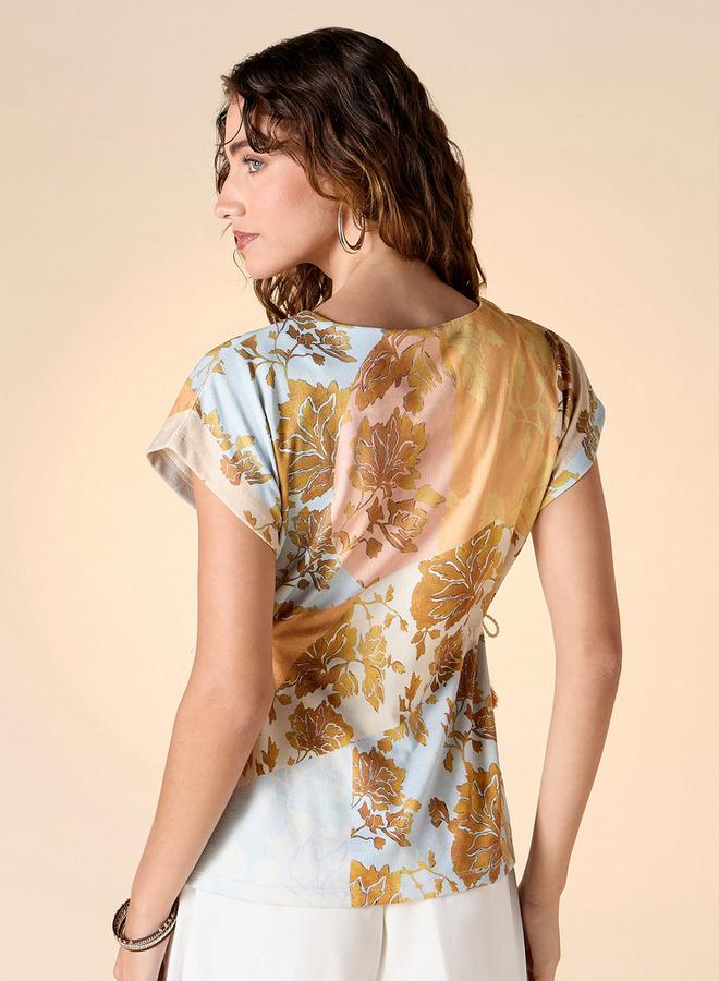 ايكونيك بلوزة مطبوعة بزخارف زهور لامعة وأكمام طويلة ورباط جانبي - Image 3