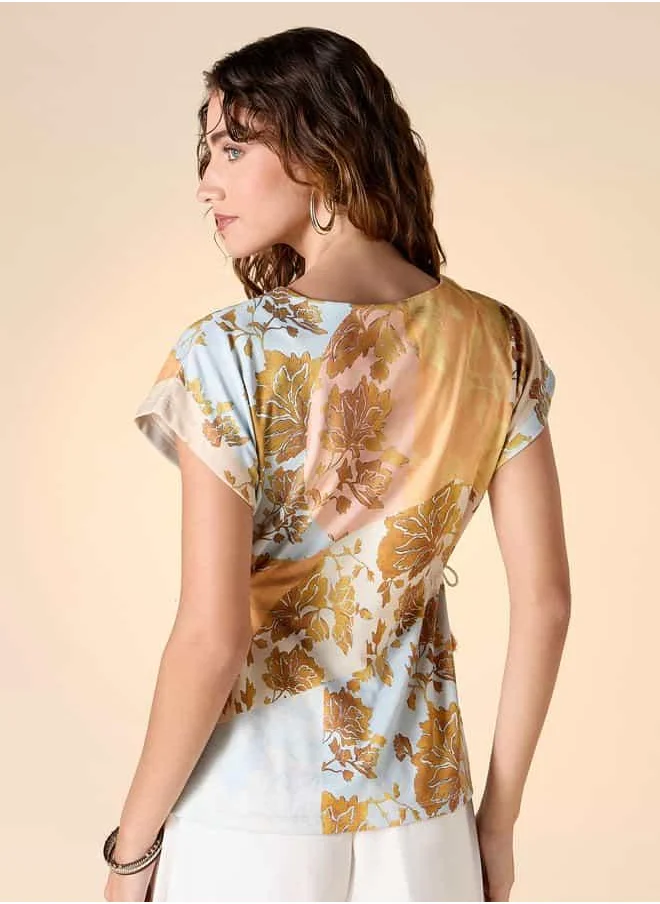 ايكونيك Iconic Floral Foil Print Top with Extended Sleeves and Side Tie Detail