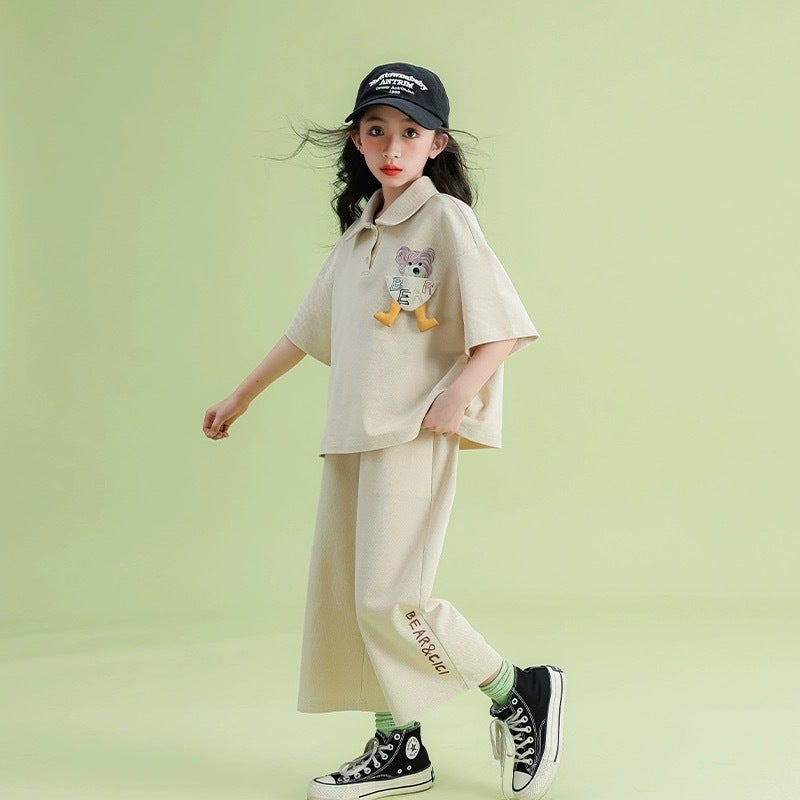 Girls Polo Shirt suit Summer 2025 Middle and Big Childrens Summer New Casual Short-sleeved Childrens Wide-leg Pants Two-piece Set Apricot