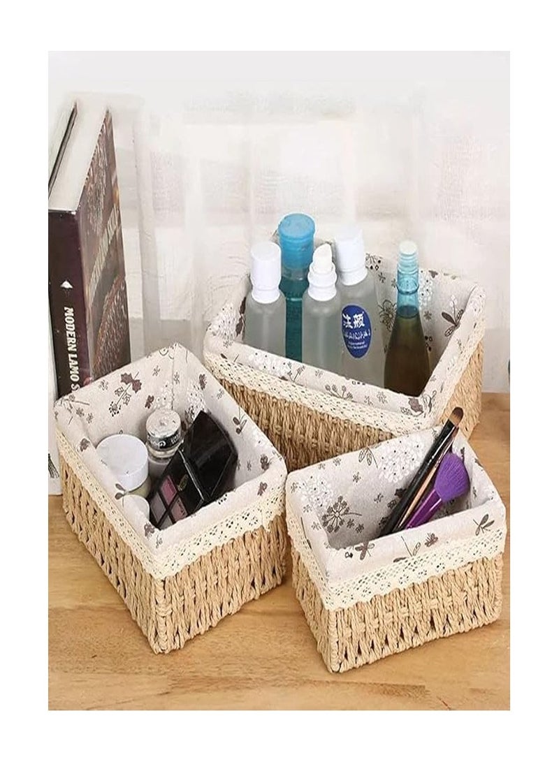 Wicker Baskets Set,3 Pcs Handmade Woven Basket Storage Bins with Removable Liner,Sturdy Decorative Basket for Home,Bathroom,Kitchen,Bedroom Using, Soft Shelf Baskets to Makeup, Sewing Items Organizing  - Image 4