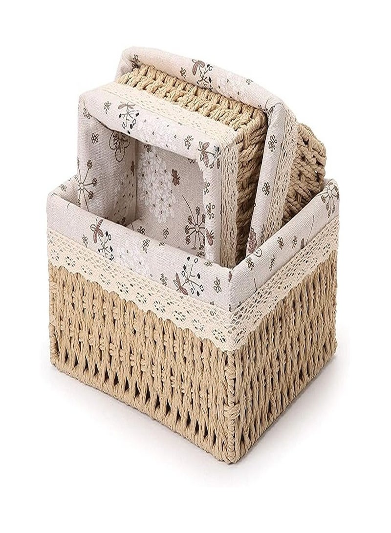 Wicker Baskets Set,3 Pcs Handmade Woven Basket Storage Bins with Removable Liner,Sturdy Decorative Basket for Home,Bathroom,Kitchen,Bedroom Using, Soft Shelf Baskets to Makeup, Sewing Items Organizing  - Image 1