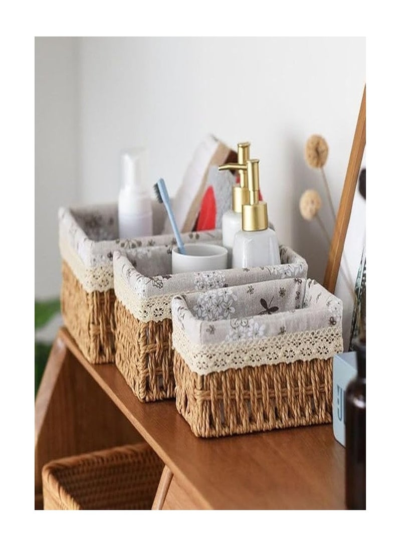 Wicker Baskets Set,3 Pcs Handmade Woven Basket Storage Bins with Removable Liner,Sturdy Decorative Basket for Home,Bathroom,Kitchen,Bedroom Using, Soft Shelf Baskets to Makeup, Sewing Items Organizing  - Image 5