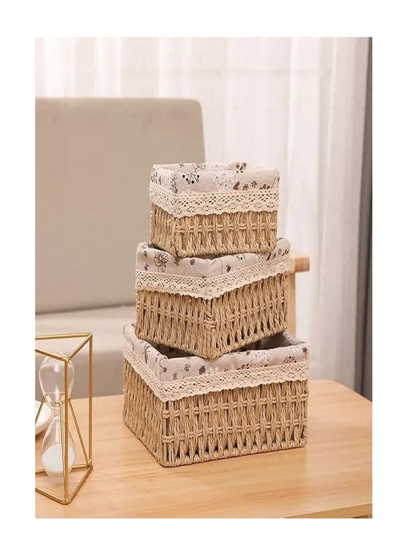 Wicker Baskets Set,3 Pcs Handmade Woven Basket Storage Bins with Removable Liner,Sturdy Decorative Basket for Home,Bathroom,Kitchen,Bedroom Using, Soft Shelf Baskets to Makeup, Sewing Items Organizing  - Image 3