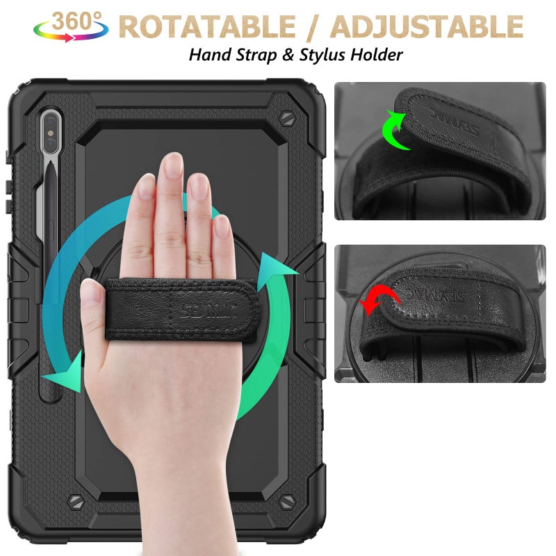 SEYMAC stock Case for Samsung Galaxy Tab S7 FE / S8 Plus 5G Case 12.4'' with Screen Protector Pencil Holder [360 Rotating Hand Strap] &Stand, Drop-Proof, Black - Image 3