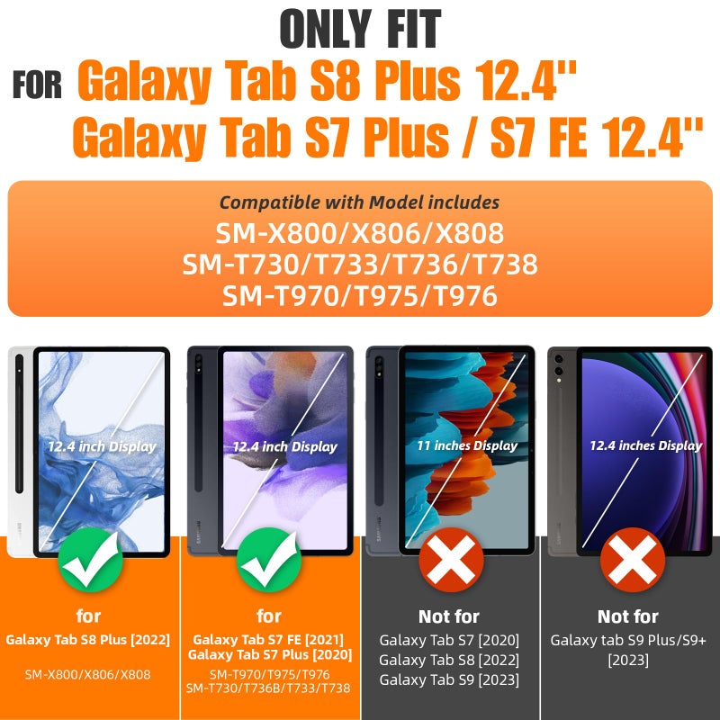 SEYMAC stock Case for Samsung Galaxy Tab S7 FE / S8 Plus 5G Case 12.4'' with Screen Protector Pencil Holder [360 Rotating Hand Strap] &Stand, Drop-Proof, Black - Image 2