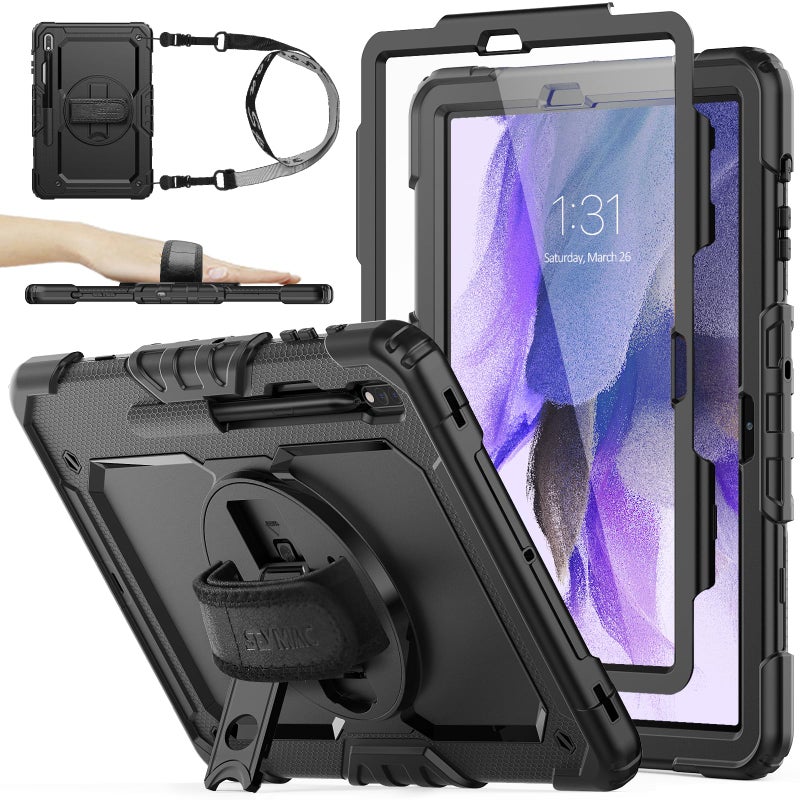 SEYMAC stock Case for Samsung Galaxy Tab S7 FE / S8 Plus 5G Case 12.4'' with Screen Protector Pencil Holder [360 Rotating Hand Strap] &Stand, Drop-Proof, Black - Image 1
