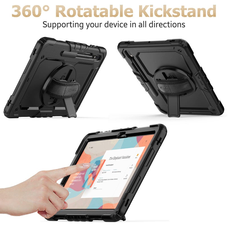SEYMAC stock Case for Samsung Galaxy Tab S7 FE / S8 Plus 5G Case 12.4'' with Screen Protector Pencil Holder [360 Rotating Hand Strap] &Stand, Drop-Proof, Black - Image 4