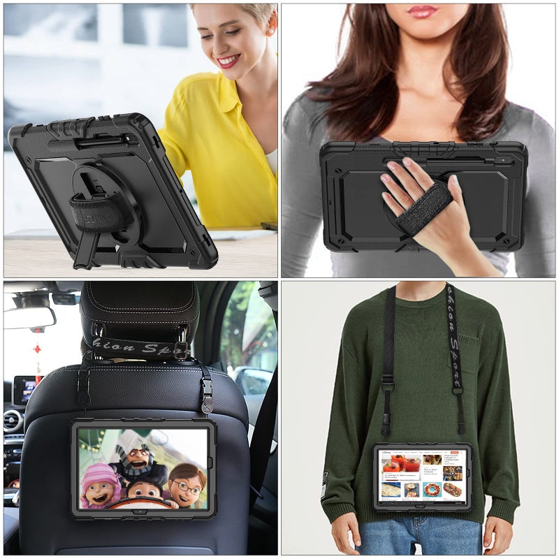 SEYMAC stock Case for Samsung Galaxy Tab S7 FE / S8 Plus 5G Case 12.4'' with Screen Protector Pencil Holder [360 Rotating Hand Strap] &Stand, Drop-Proof, Black - Image 5