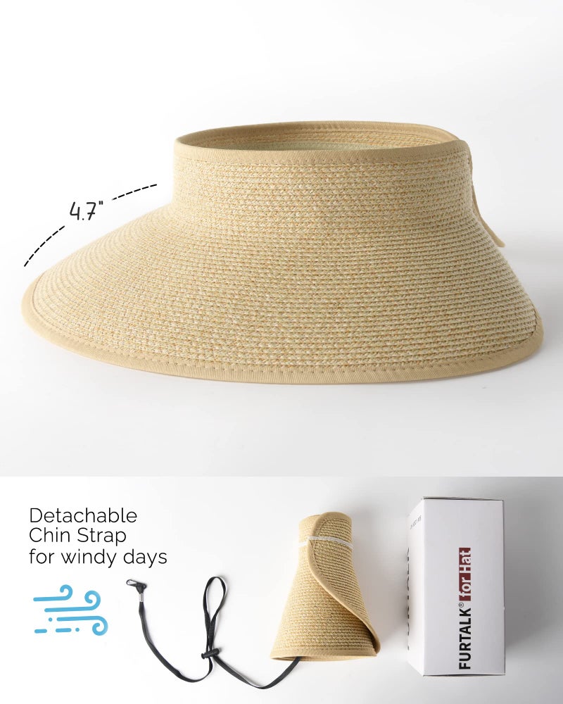 FURTALK Sun Visor Hats for Women Wide Brim Straw Ponytail Summer Beach Hat UV UPF Packable Foldable Travel - Image 3
