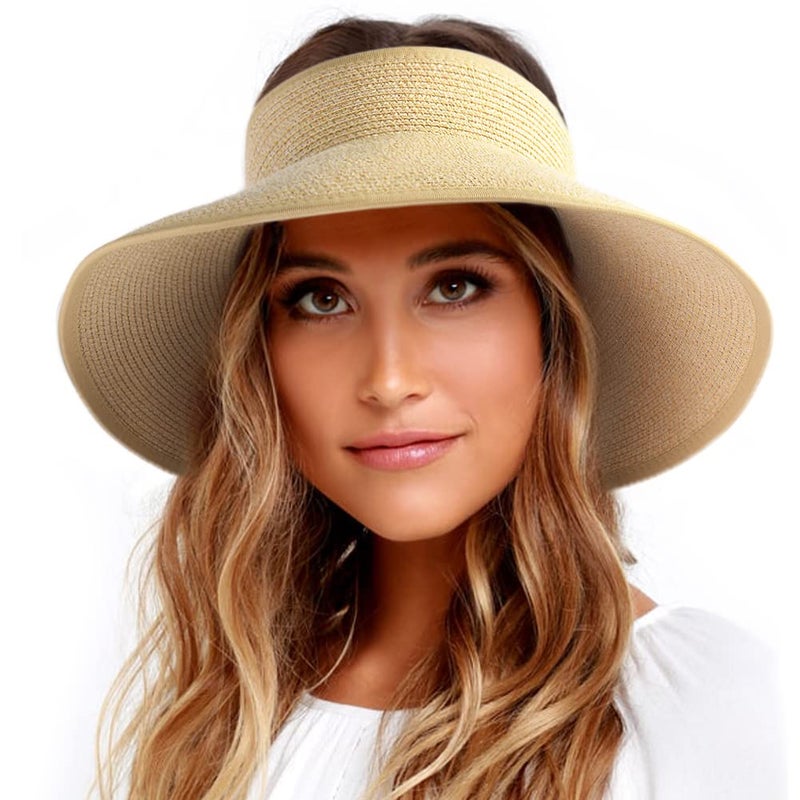 FURTALK Sun Visor Hats for Women Wide Brim Straw Ponytail Summer Beach Hat UV UPF Packable Foldable Travel - Image 1