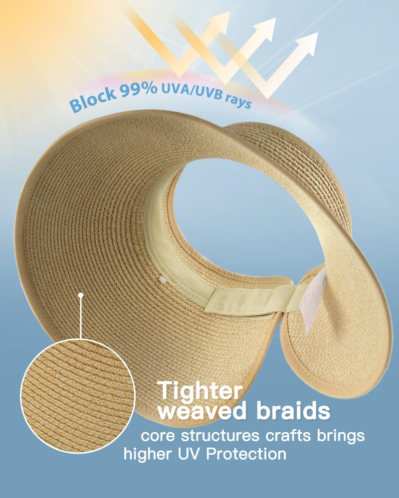 FURTALK Sun Visor Hats for Women Wide Brim Straw Ponytail Summer Beach Hat UV UPF Packable Foldable Travel - Image 2