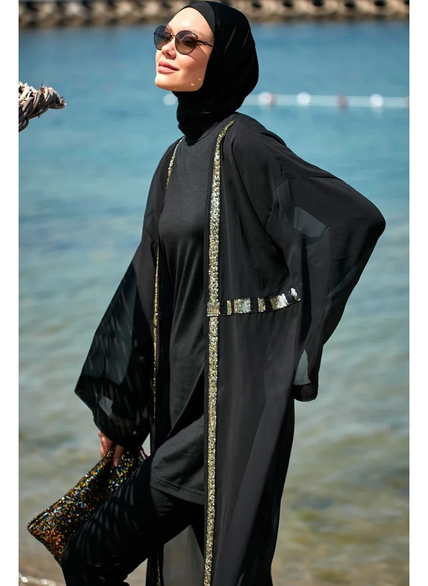 Marina Black Sequined Kimono Kaftan P2346