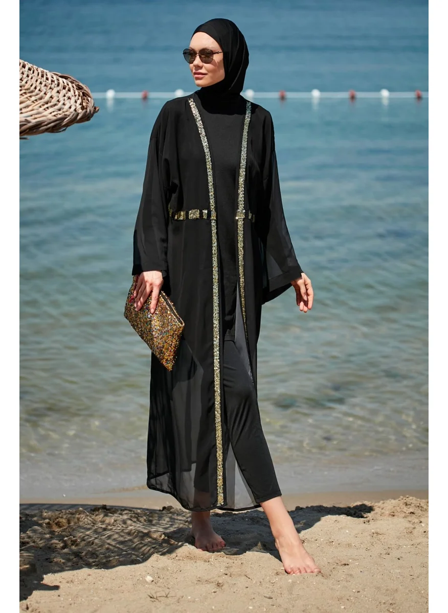 Marina Black Sequined Kimono Kaftan P2346