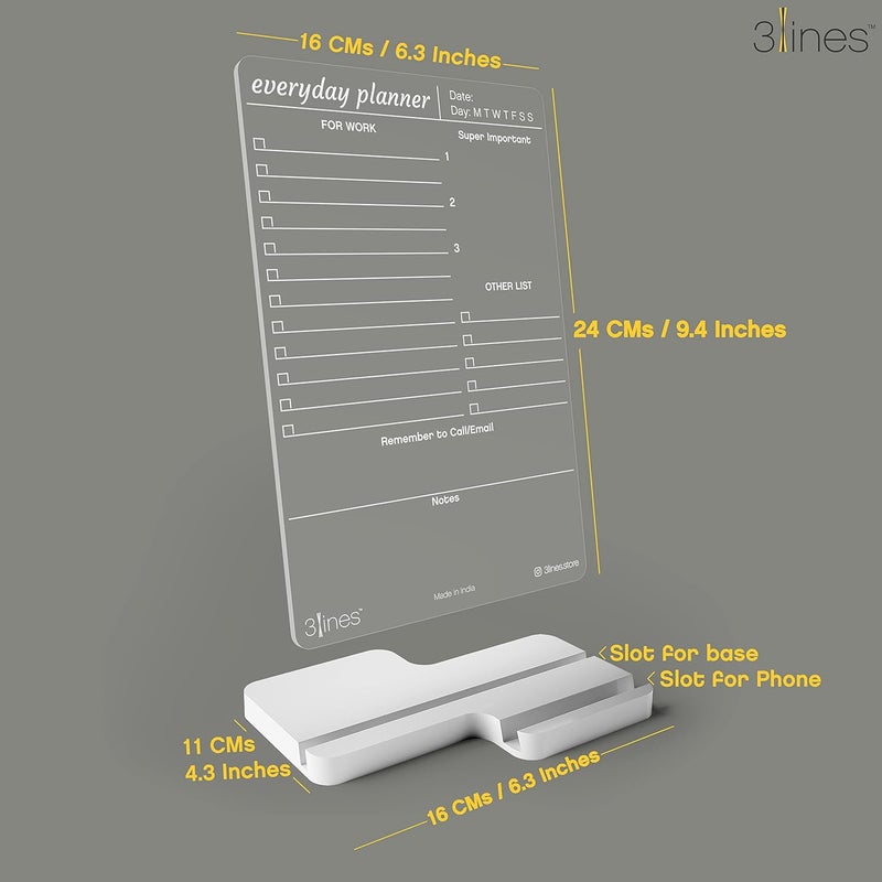 3 Lines to Do List Acrylic Board for Desk (24x16 CM)| Best Planner & Organiser | White Acrylic Base with Slot for Phone| with 2 Markers & Cleaning Fabric | 'Everyday Planner for Work' |Regular Size - Image 3