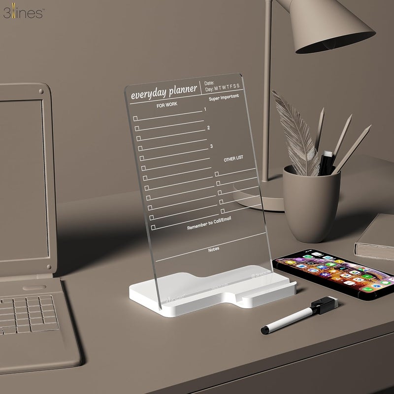 3 Lines to Do List Acrylic Board for Desk (24x16 CM)| Best Planner & Organiser | White Acrylic Base with Slot for Phone| with 2 Markers & Cleaning Fabric | 'Everyday Planner for Work' |Regular Size - Image 5