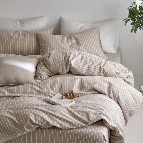 MooMee Striped Duvet Cover Set 100% Washed Cotton Linen Like Textured Breathable Durable Soft Comfy (Tannish Linen Grey White Wide Stripes, King 104"x90") - Image 5