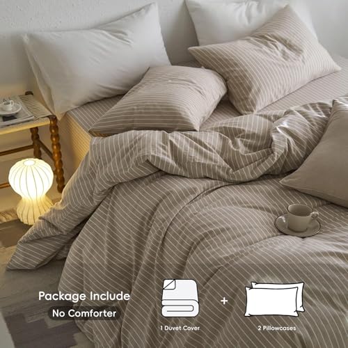 MooMee Striped Duvet Cover Set 100% Washed Cotton Linen Like Textured Breathable Durable Soft Comfy (Tannish Linen Grey White Wide Stripes, King 104"x90") - Image 2